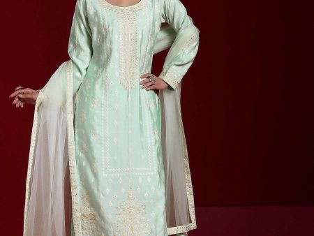 Libas Art Sea Green Embroidered Silk Blend Straight Suit With Dupatta Fashion