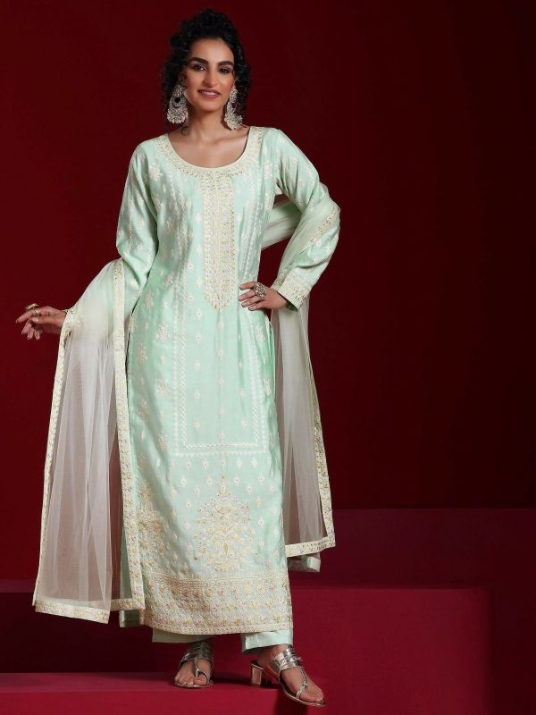 Libas Art Sea Green Embroidered Silk Blend Straight Suit With Dupatta Fashion