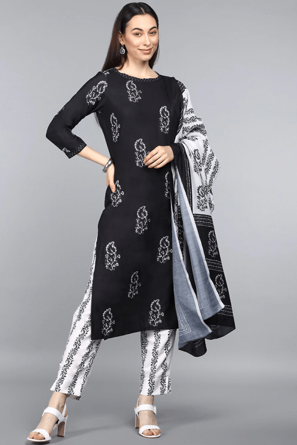 Ahika Black Crepe Ethnic Motifs Printed Straight Kurta Pant Dupatta Set Sale