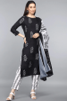 Ahika Black Crepe Ethnic Motifs Printed Straight Kurta Pant Dupatta Set Sale