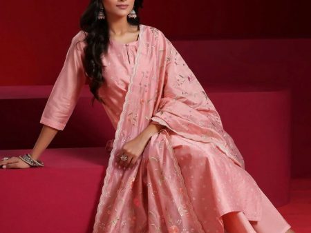 Libas Art Pink Embroidered Chanderi Silk Straight Suit With Dupatta Fashion