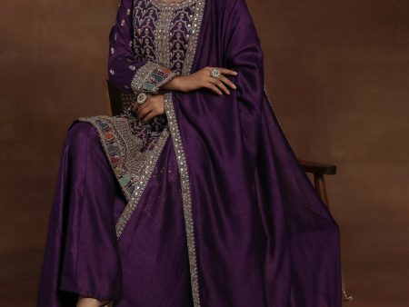 Libas Adaa Purple Embroidered Silk Blend Straight Kurta With Palazzos & Dupatta on Sale