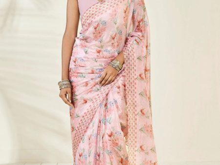 Sonakshi Baby Pink Embroidery with Digital Printed Pure Chinon Designer Saree with Blouse Fashion