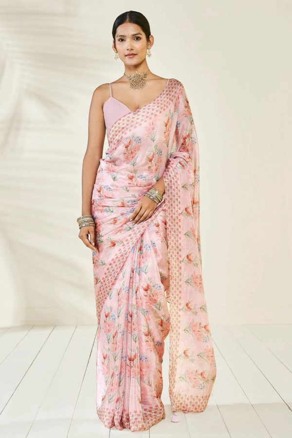 Sonakshi Baby Pink Embroidery with Digital Printed Pure Chinon Designer Saree with Blouse Fashion