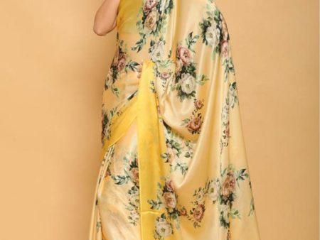 Sonakshi Yellow Digital Printed Pure Japan Satin Saree with Blouse Online