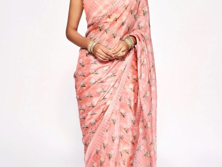 Sonakshi Pink Embroidery with Digital Printed Pure Chinon Designer Saree with Blouse Hot on Sale