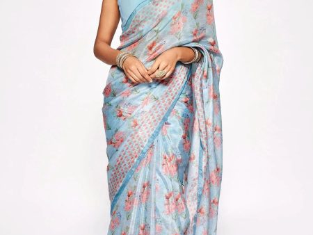 Sonakshi Blue Embroidery with Digital Printed Pure Chinon Designer Saree with Blouse For Discount