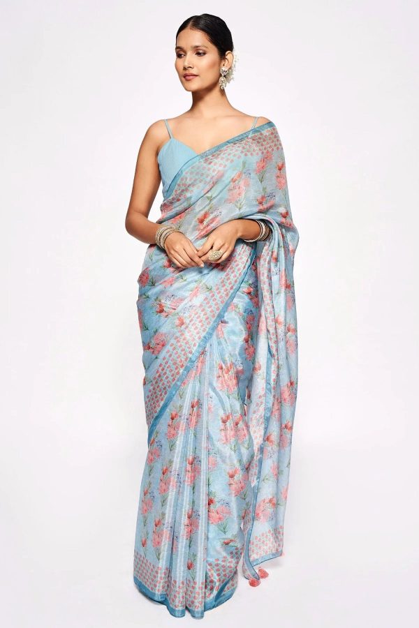 Sonakshi Blue Embroidery with Digital Printed Pure Chinon Designer Saree with Blouse For Discount