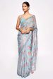 Sonakshi Blue Embroidery with Digital Printed Pure Chinon Designer Saree with Blouse For Discount