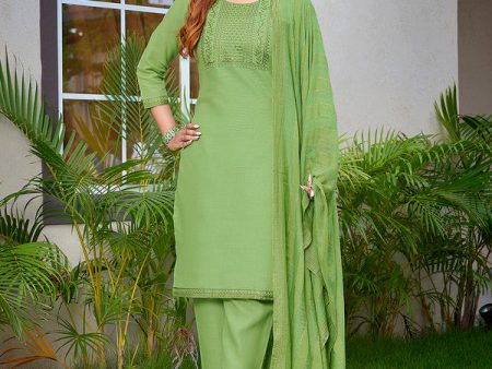 Malishka Women s Cotton Blend Embroidered Straight Kurta Pant With Dupatta - Light Green For Sale