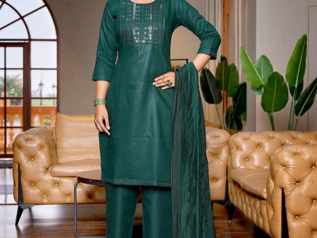 Malishka Women s Cotton Blend Embroidered Straight Kurta Pant With Dupatta - Bottle Green on Sale