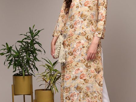 Ahika Beige Viscose Rayon Floral Printed Kurta Online