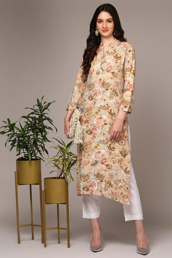 Ahika Beige Viscose Rayon Floral Printed Kurta Online