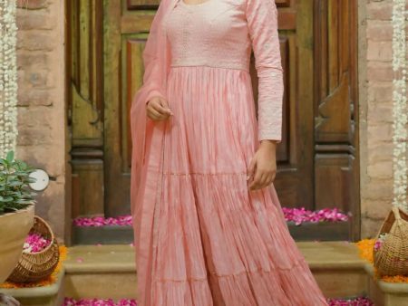 Libas Art Peach Embroidered Cotton Blend A-Line Kurta With Trousers & Dupatta Online Sale