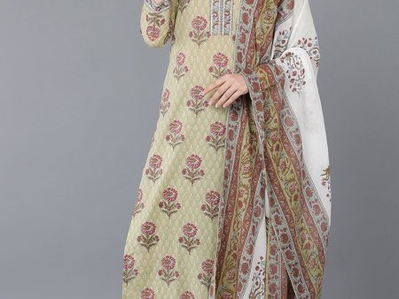 Ahika Beige Cotton Straight Kurta Palazzo With Dupatta Cheap