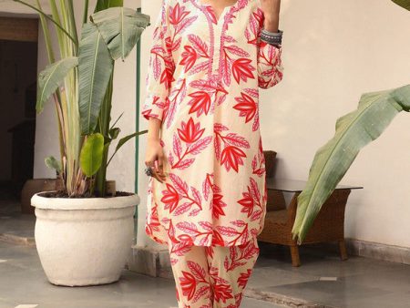 Malishka Women s Printed A-Line Kurta With Pant Set - Red & Beige Cheap