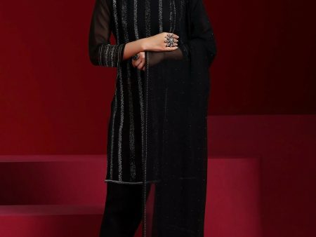 Libas Art Black Striped Georgette Straight Suit With Dupatta Online Sale