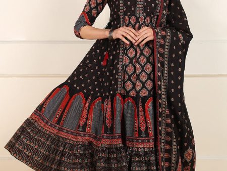 Ahika Black Cotton Ethnic Printed Anarkali Suit Set Online now