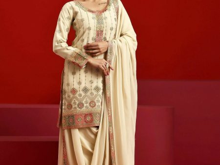 Libas Art Beige Embroidered Georgette Straight Suit With Dupatta Online