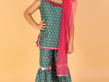 Lil Drama Girls Kurta with Sharara with Dupatta set - Green For Cheap