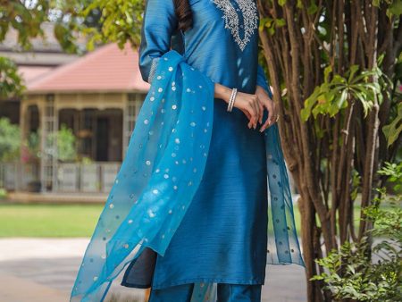 Ahika Blue Poly Silk Solid Yoke Design Kurta Trousers With Dupatta on Sale