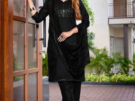 Malishka Women s Cotton Blend Embroidered Straight Kurta Pant With Dupatta - Black For Sale