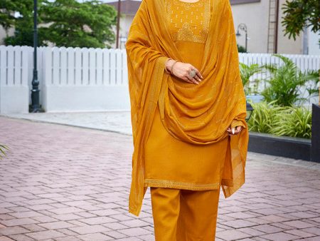 Malishka Women s Cotton Blend Embroidered Straight Kurta Pant With Dupatta - Mustard Online Hot Sale