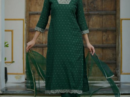 Libas Green Self Design Silk blend Straight Suit With Dupatta on Sale