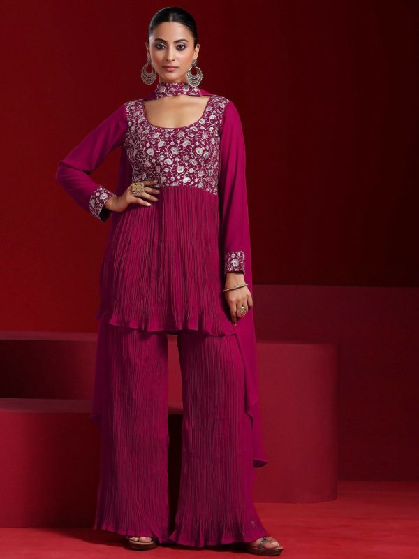 Libas Art Pink Embroidered Georgette A-Line Kurta With Sharara & Dupatta Online Hot Sale