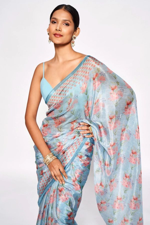 Sonakshi Blue Embroidery with Digital Printed Pure Chinon Designer Saree with Blouse For Discount