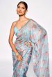 Sonakshi Blue Embroidery with Digital Printed Pure Chinon Designer Saree with Blouse For Discount