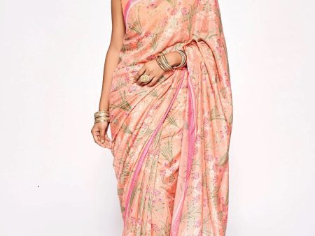 Sonakshi Peach Embroidery with Digital Printed Pure Chinon Designer Saree with Blouse on Sale