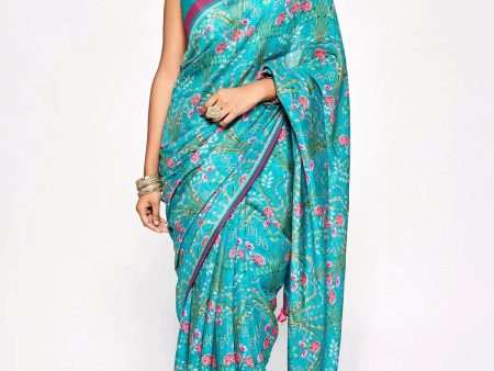 Sonakshi Turquoise Embroidery with Digital Printed Pure Chinon Designer Saree with Blouse Online Hot Sale