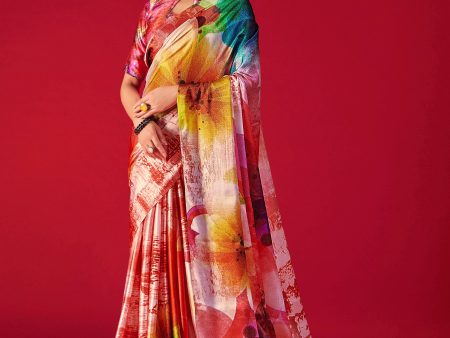 Sonakshi Women s Multicolor Digital Printed Satin Crepe Saree with Blouse For Cheap