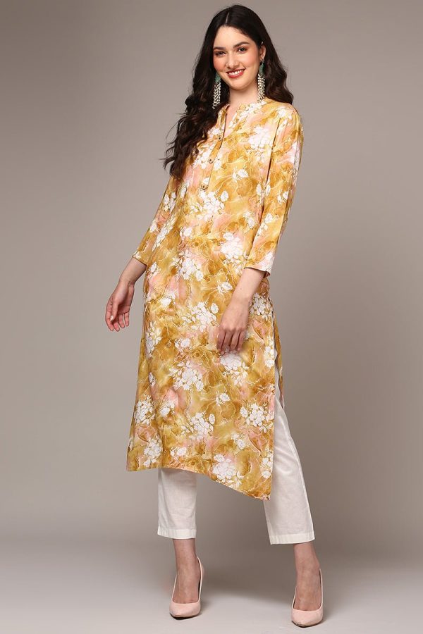 Ahika Beige Viscose Rayon Floral Printed Kurta Online