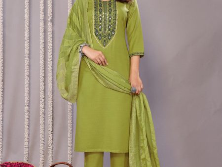 Malishka Women s Cotton Blend Embroidered Straight Kurta Pant With Dupatta - Mehndi Green Supply