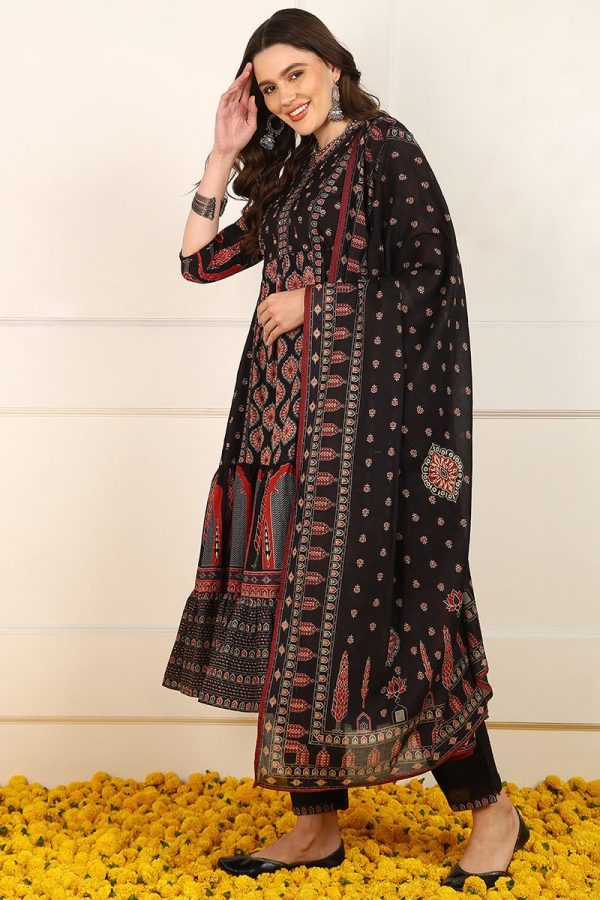 Ahika Black Cotton Ethnic Printed Anarkali Suit Set Online now