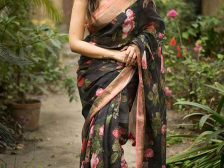 Sonakshi Black Digital Printed Munnar Slub Designer Saree with Blouse Online now