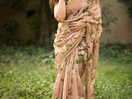 Sonakshi Brown Digital Printed Munnar Slub Designer Saree with Blouse For Sale