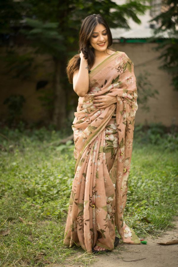 Sonakshi Brown Digital Printed Munnar Slub Designer Saree with Blouse For Sale