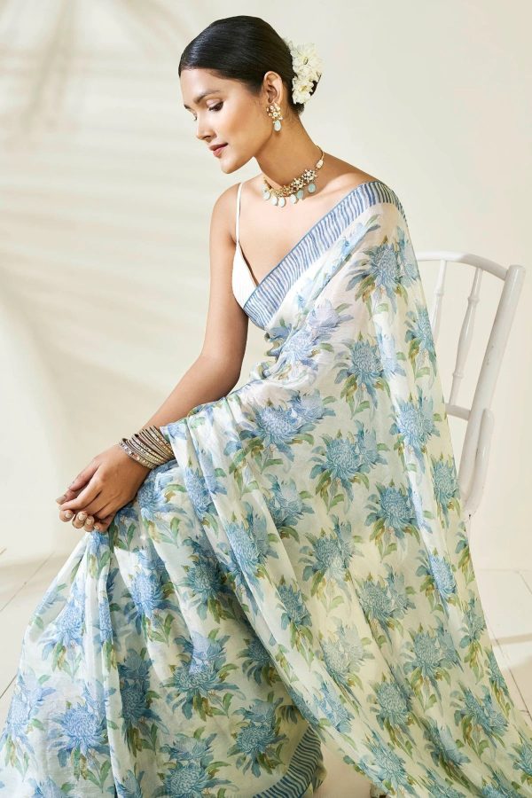 Sonakshi Blue Embroidery with Digital Printed Pure Chinon Designer Saree with Blouse Cheap