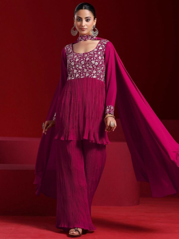 Libas Art Pink Embroidered Georgette A-Line Kurta With Sharara & Dupatta Online Hot Sale