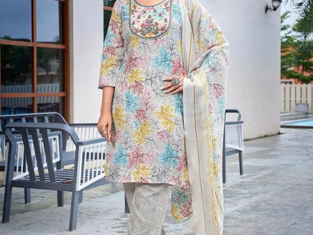 Malishka Women s Cotton Blend Embroidered Straight Kurta Pant With Dupatta - Multicolor on Sale