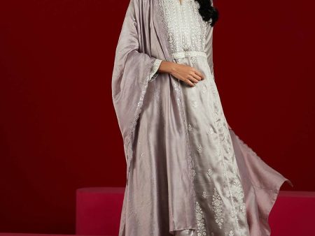 Libas Art Taupe Embroidered Silk Blend A-Line Kurta With Trousers & Dupatta Supply