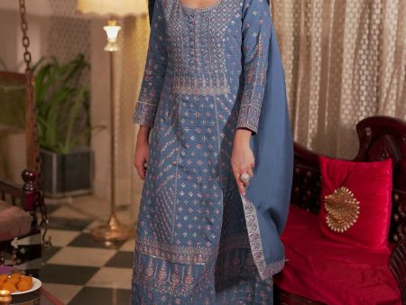 Libas Art Blue Embroidered Silk Blend A-Line Kurta With Sharara & Dupatta Online Hot Sale