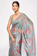 Sonakshi Teal Embroidery with Digital Printed Pure Chinon Designer Saree with Blouse Online Sale