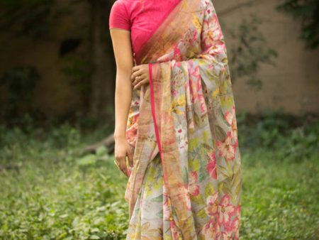 Sonakshi Multicolor Digital Printed Munnar Slub Designer Saree with Blouse For Sale