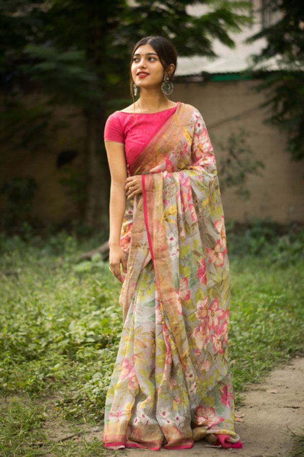 Sonakshi Multicolor Digital Printed Munnar Slub Designer Saree with Blouse For Sale