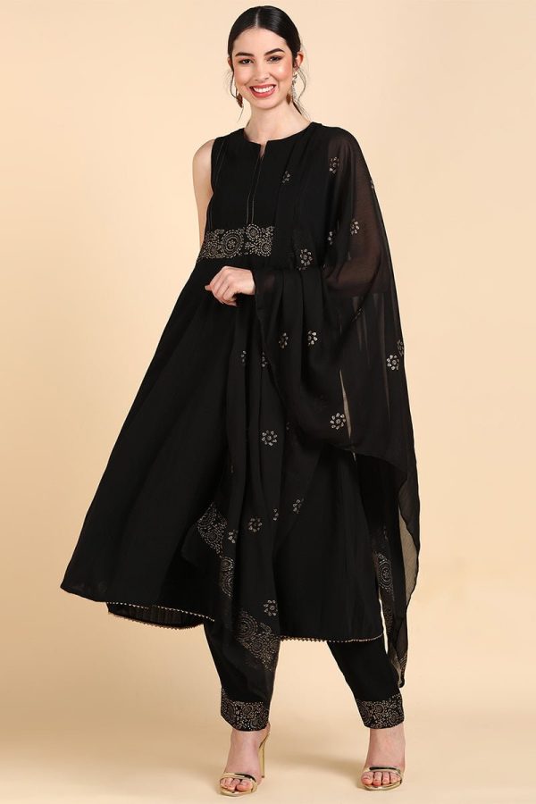 Ahika Black Poly Silk Anarkali Suit Set Online now