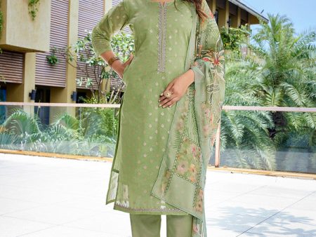 Malishka Women s Chanderi Woven Straight Kurta Pant With Dupatta - Mehndi Green Online Hot Sale